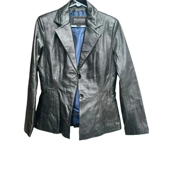 Wilsons Pelle Studio Leather Jacket Women's Size S Black 2 Button Tapered Waist - Picture 1 of 7